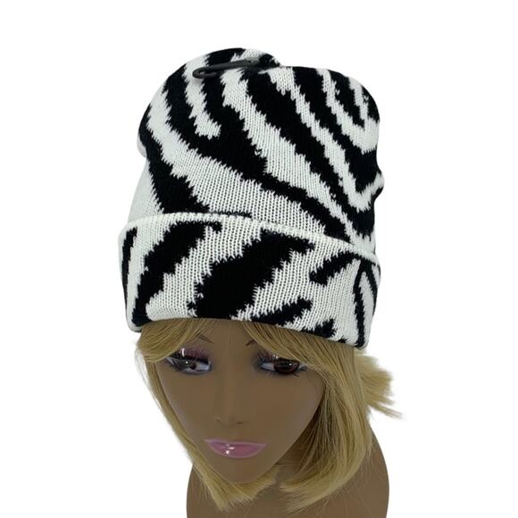 Black & White Zebra Beanie Knit Hat by AQUA One Size - Picture 2 of 10